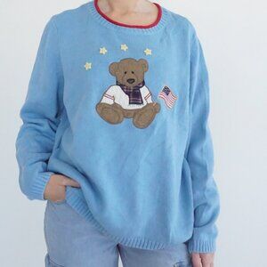 Vintage Christopher Banks Blue Teddy Bear American Flag Stars Sweater XL